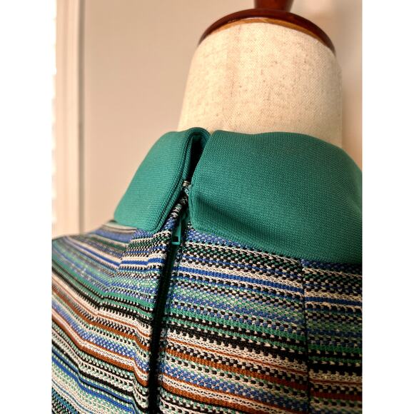 1970s Teal Brown Tweed Stripes Western Retro Disco Dagger Collar Hostess Dress M - Picture 2 of 6